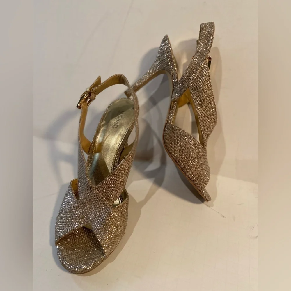 Michael Kors~Elegant Gold~Peep Toe~Criss Cross Strap~Slingback Heel~Size 10M
